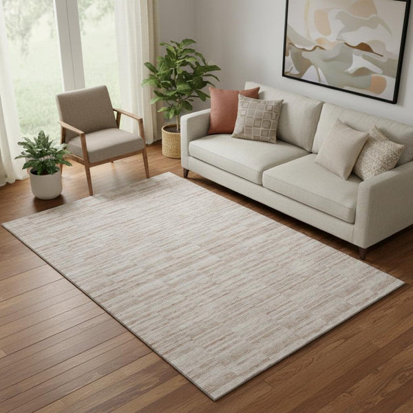 HomeRoots 5' Salmon and Beige Striped Area Rug – Washable, UV-Protected, Durable, Stylish for Any Space 666340