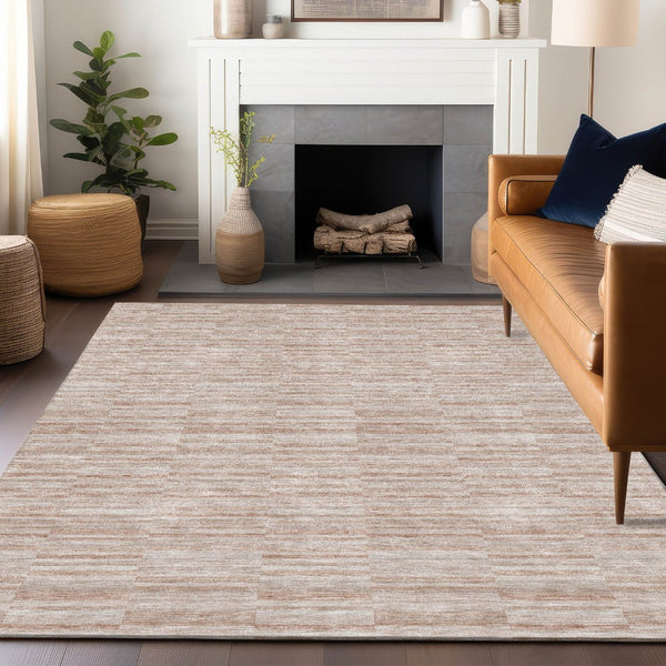 HomeRoots 5' Salmon and Beige Striped Area Rug – Washable, UV-Protected, Durable, Stylish for Any Space 666340