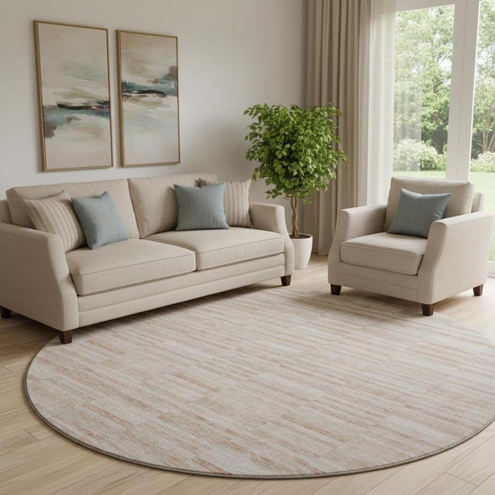 HomeRoots 8' Salmon and Beige Striped Round Rug – Washable, UV Protected, Durable, Ideal for Homes with Kids & Pets 666341