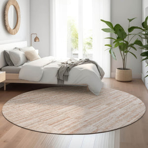 HomeRoots 8' Salmon and Beige Striped Round Rug – Washable, UV Protected, Durable, Ideal for Homes with Kids & Pets 666341