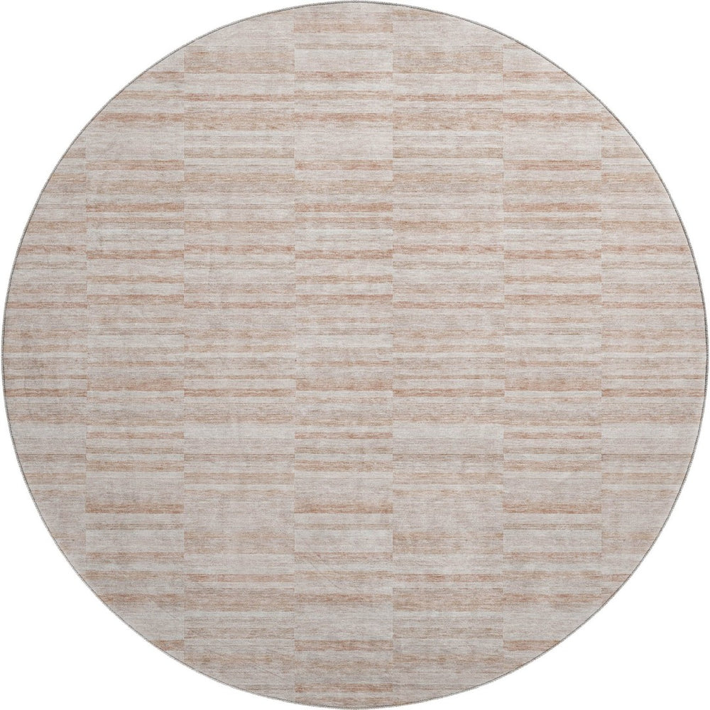 HomeRoots 8' Salmon and Beige Striped Round Rug – Washable, UV Protected, Durable, Ideal for Homes with Kids & Pets 666341