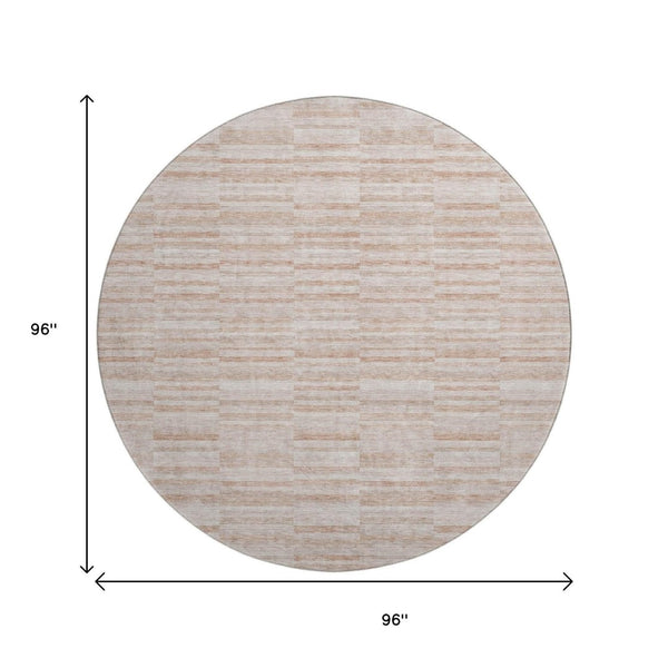 HomeRoots 8' Salmon and Beige Striped Round Rug – Washable, UV Protected, Durable, Ideal for Homes with Kids & Pets 666341