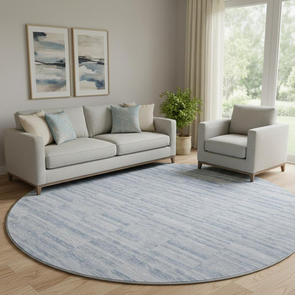 HomeRoots 8' Sky Blue and Ivory Striped Round Rug - Washable, UV Protected, Stain Resistant for Easy Care 666347