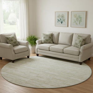 HomeRoots 8' Taupe and Beige Striped Round Rug - Durable, Washable Design with UV Protection for Any Space 666353