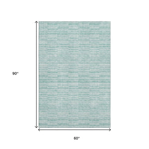 HomeRoots 5' X 8' Striped Turquoise Gray Ivory Washable Area Rug with UV Protection for High-Traffic Areas 666358