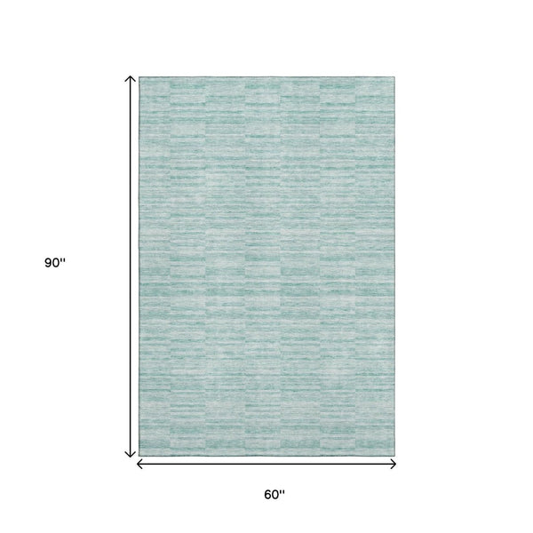 HomeRoots 5' X 8' Striped Turquoise Gray Ivory Washable Area Rug with UV Protection for High-Traffic Areas 666358