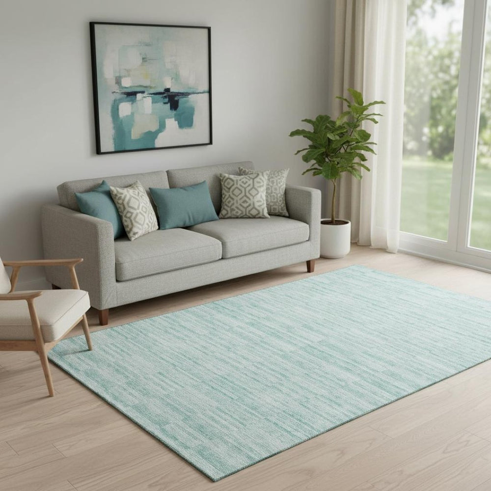 HomeRoots 5' X 8' Striped Turquoise Gray Ivory Washable Area Rug with UV Protection for High-Traffic Areas 666358