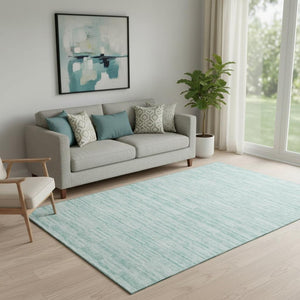HomeRoots 5' X 8' Striped Turquoise Gray Ivory Washable Area Rug with UV Protection for High-Traffic Areas 666358