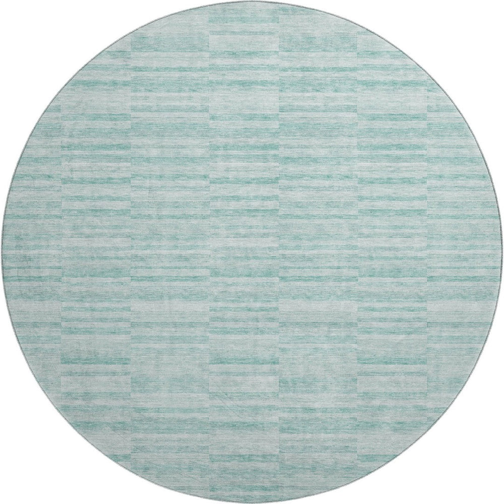HomeRoots 8' Striped Turquoise Gray Ivory Washable Round Rug - UV Protected, Durable, Pet-Friendly Design 666359