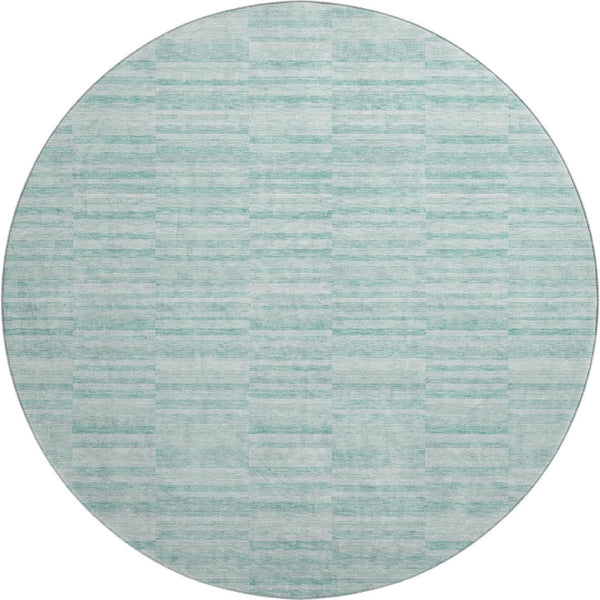 HomeRoots 8' Striped Turquoise Gray Ivory Washable Round Rug - UV Protected, Durable, Pet-Friendly Design 666359