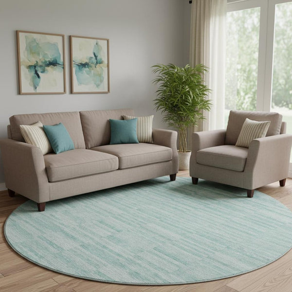 HomeRoots 8' Striped Turquoise Gray Ivory Washable Round Rug - UV Protected, Durable, Pet-Friendly Design 666359