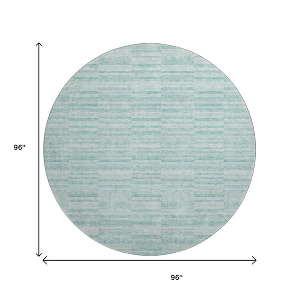 HomeRoots 8' Striped Turquoise Gray Ivory Washable Round Rug - UV Protected, Durable, Pet-Friendly Design 666359