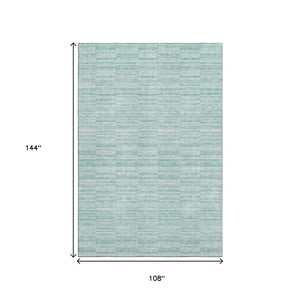 HomeRoots 9' X 12' Turquoise Gray Ivory Striped Washable Area Rug - UV Protected, Stain Resistant, Durable Design 666361
