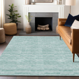 HomeRoots 9' X 12' Turquoise Gray Ivory Striped Washable Area Rug - UV Protected, Stain Resistant, Durable Design 666361