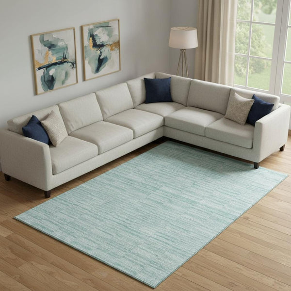 HomeRoots 9' X 12' Turquoise Gray Ivory Striped Washable Area Rug - UV Protected, Stain Resistant, Durable Design 666361