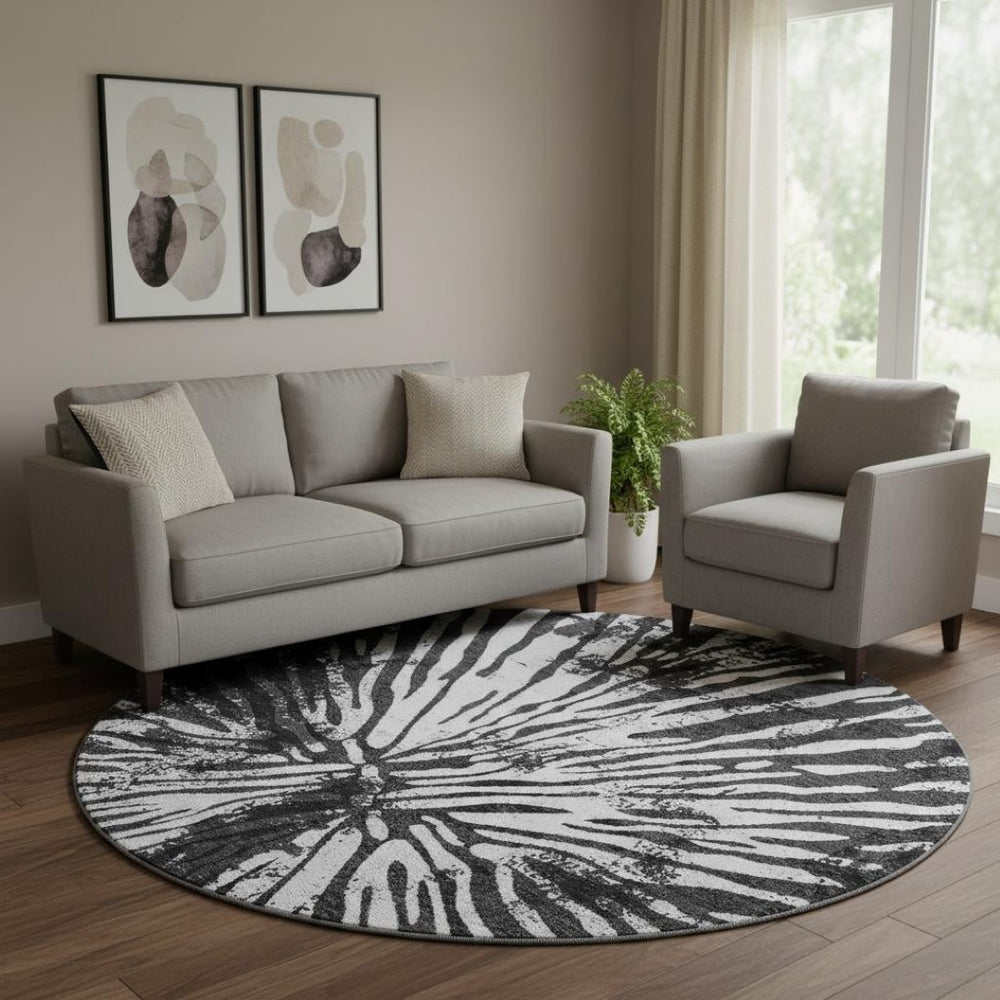 HomeRoots 8' Stylish Black and Ivory Zebra Print Washable Round Rug with UV Protection for Family Spaces 666371