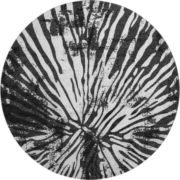 HomeRoots 8' Stylish Black and Ivory Zebra Print Washable Round Rug with UV Protection for Family Spaces 666371