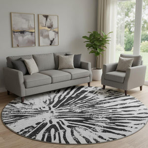 HomeRoots 8' Stylish Ivory & Black Zebra Print Washable Round Rug - UV Protection, Durable & Easy-Care Design 666389