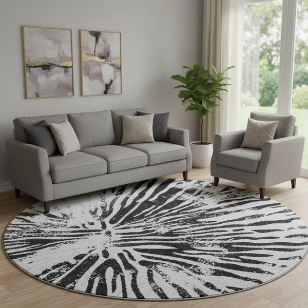 HomeRoots 8' Stylish Ivory & Black Zebra Print Washable Round Rug - UV Protection, Durable & Easy-Care Design 666389