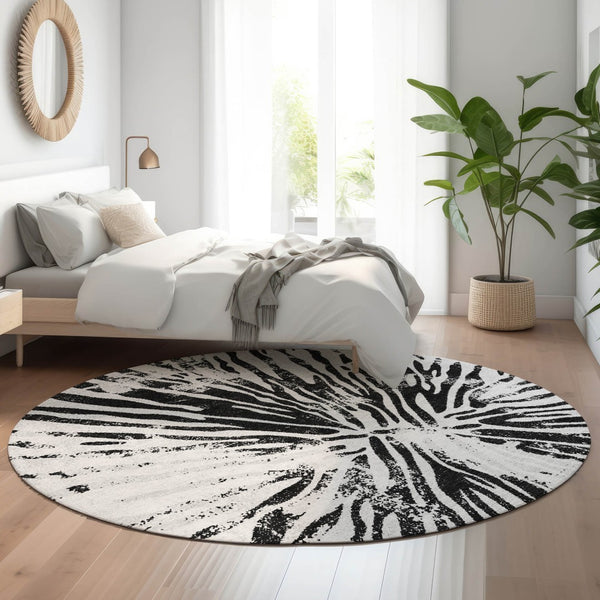 HomeRoots 8' Stylish Ivory & Black Zebra Print Washable Round Rug - UV Protection, Durable & Easy-Care Design 666389