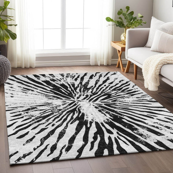 HomeRoots 9' X 12' Stylish Ivory & Black Zebra Print Washable Area Rug - Durable, UV-Protected, Easy Clean! 666391