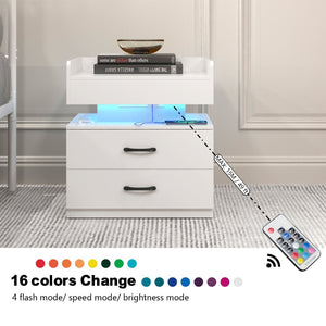 English Elm 1 Set Led Strip Nightstand with 2 Drawers Open Shelf Contemporary Bedside Storage White W578P462505