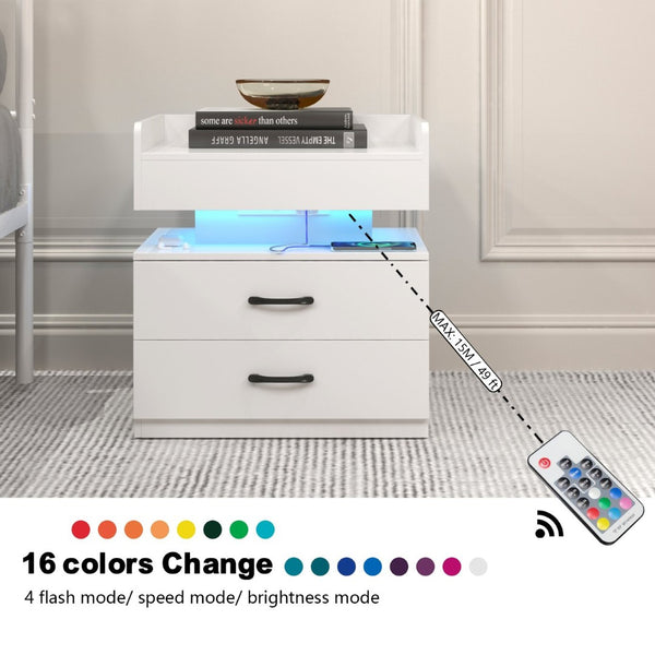 English Elm 1 Set Led Strip Nightstand with 2 Drawers Open Shelf Contemporary Bedside Storage White W578P462505