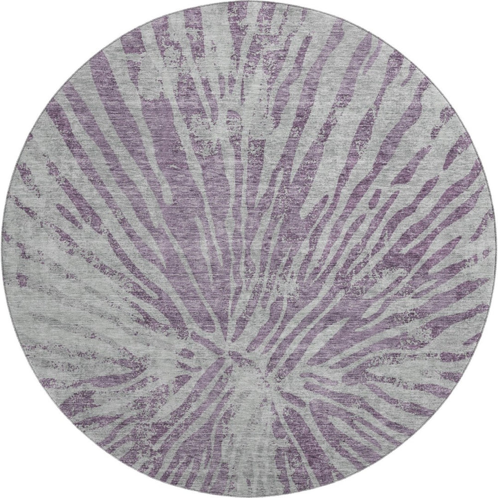 HomeRoots 8' Purple Zebra Print Washable Round Rug - Durable, Stylish, UV Protected for High-Traffic Areas 666401