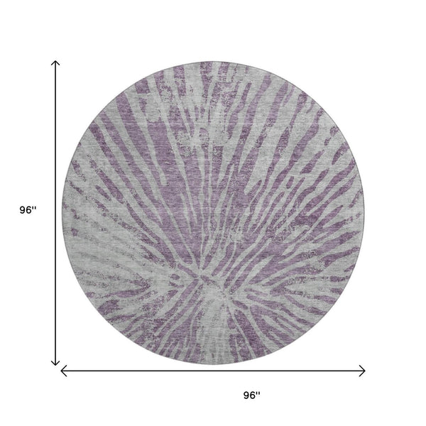 HomeRoots 8' Purple Zebra Print Washable Round Rug - Durable, Stylish, UV Protected for High-Traffic Areas 666401