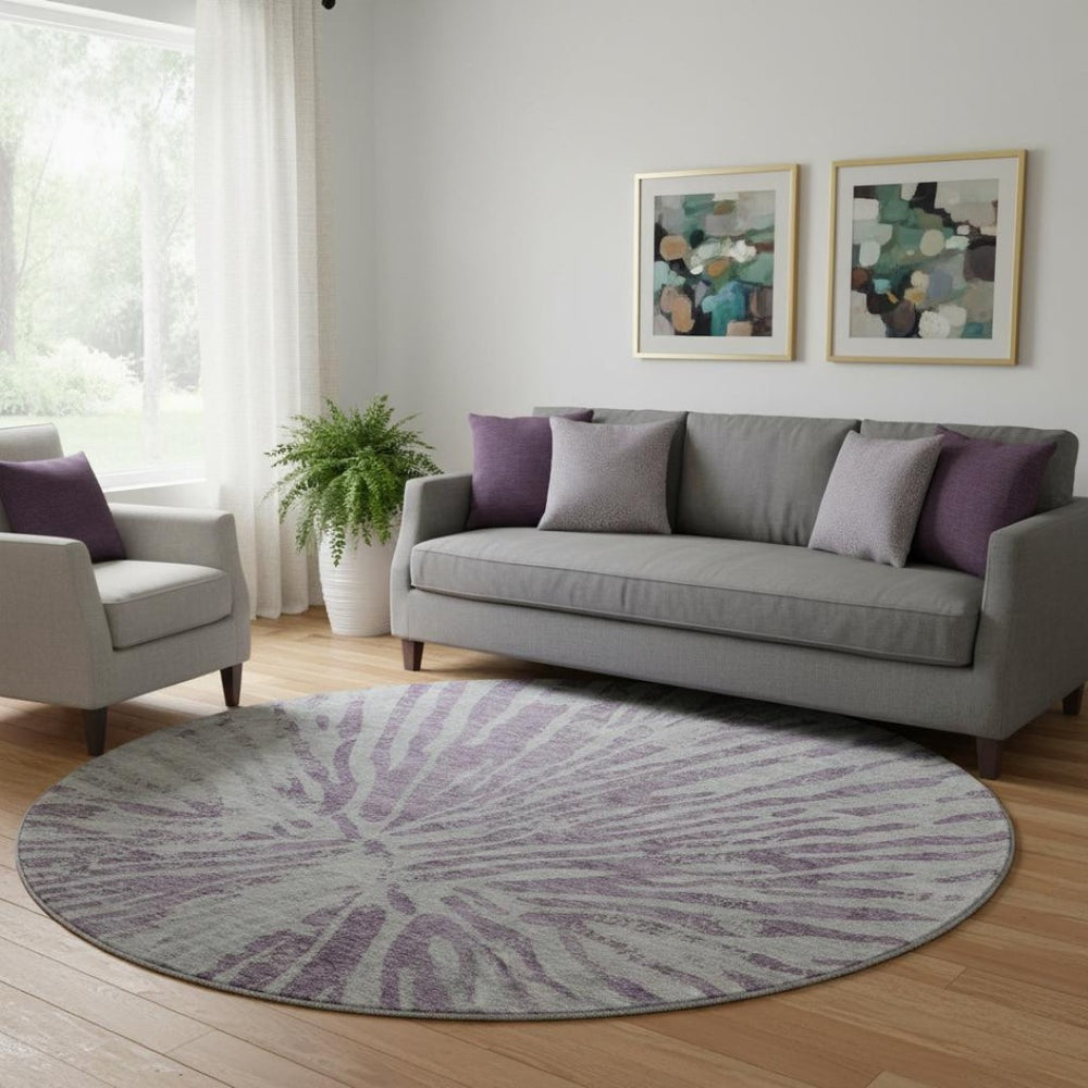 HomeRoots 8' Purple Zebra Print Washable Round Rug - Durable, Stylish, UV Protected for High-Traffic Areas 666401