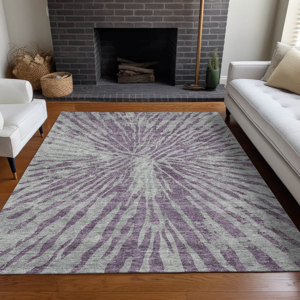 HomeRoots 10' X 14' Purple and Gray Zebra Print Washable Area Rug – Stylish, Durable, UV Protected for Homes 666404