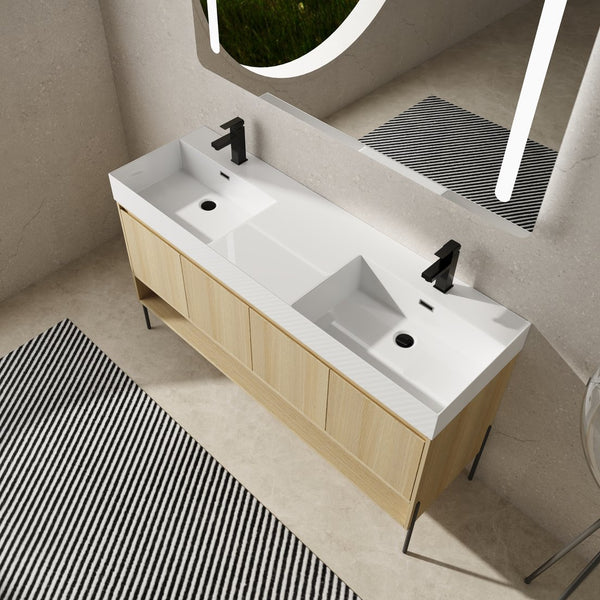 English Elm 60" Oak Bathroom Vanity Combo with Resin Basin, 4-Door Storage, Multi-Layer Wood Frame, Modern Elegance W1972S00011