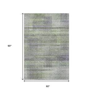 HomeRoots 5' X 8' Artichoke Green & Gray Striped Area Rug - Stylish, Washable, Pet-Friendly, UV Protected Design 666418