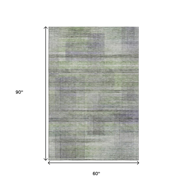 HomeRoots 5' X 8' Artichoke Green & Gray Striped Area Rug - Stylish, Washable, Pet-Friendly, UV Protected Design 666418