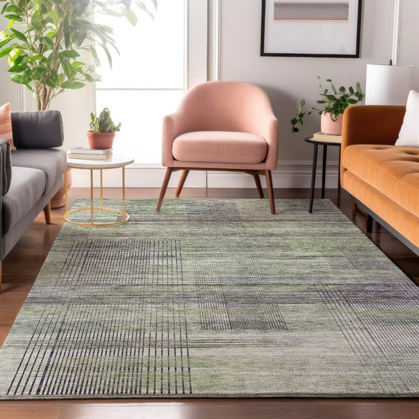 HomeRoots 5' X 8' Artichoke Green & Gray Striped Area Rug - Stylish, Washable, Pet-Friendly, UV Protected Design 666418