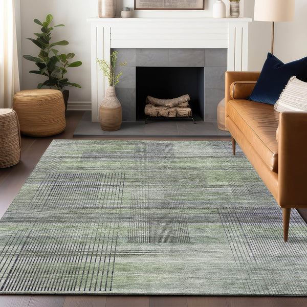 HomeRoots 5' X 8' Artichoke Green & Gray Striped Area Rug - Stylish, Washable, Pet-Friendly, UV Protected Design 666418