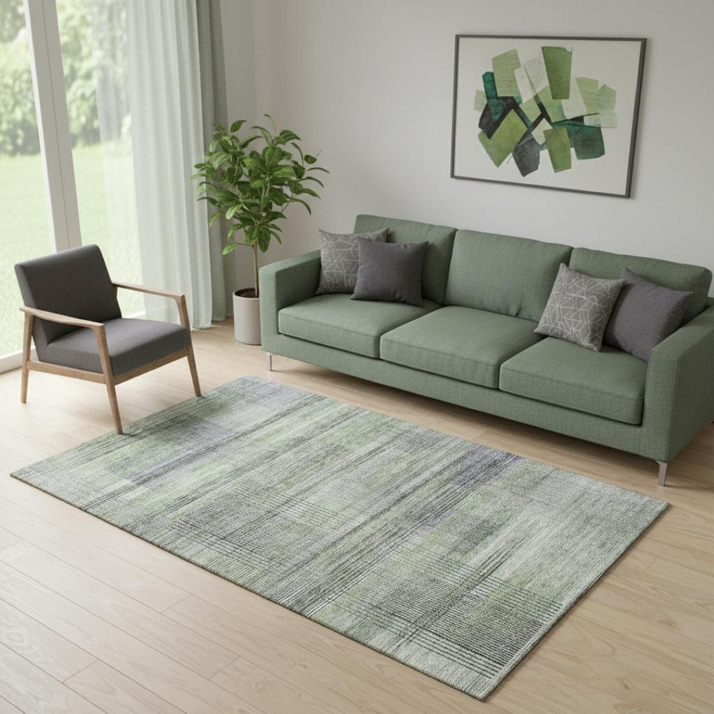 HomeRoots 5' X 8' Artichoke Green & Gray Striped Area Rug - Stylish, Washable, Pet-Friendly, UV Protected Design 666418