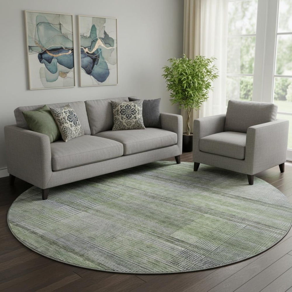 HomeRoots 8' Stylish Artichoke Green and Gray Striped Washable Round Rug – UV Protected & Pet Friendly! 666419