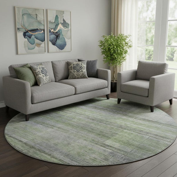 HomeRoots 8' Stylish Artichoke Green and Gray Striped Washable Round Rug – UV Protected & Pet Friendly! 666419
