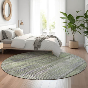HomeRoots 8' Stylish Artichoke Green and Gray Striped Washable Round Rug – UV Protected & Pet Friendly! 666419