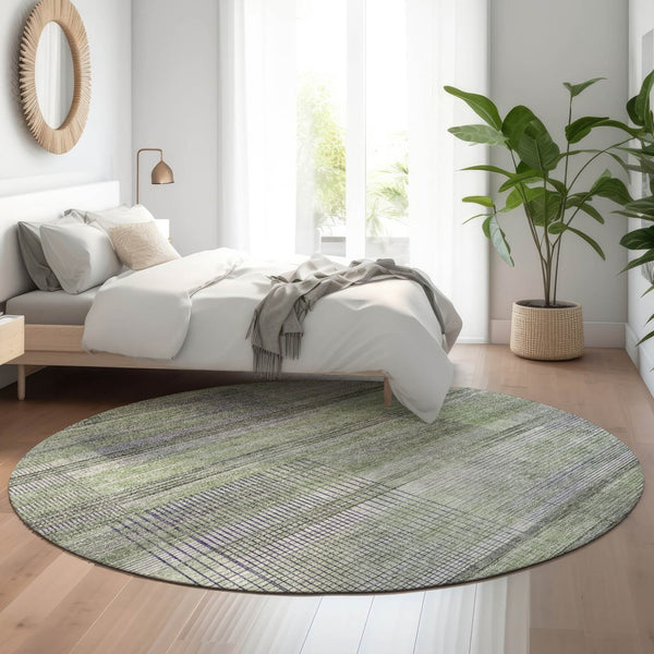 HomeRoots 8' Stylish Artichoke Green and Gray Striped Washable Round Rug – UV Protected & Pet Friendly! 666419