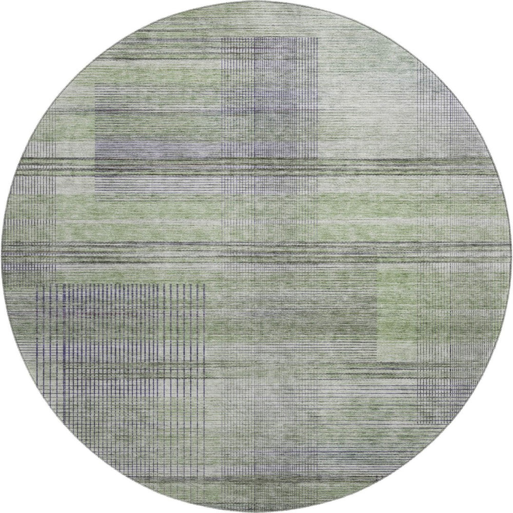 HomeRoots 8' Stylish Artichoke Green and Gray Striped Washable Round Rug – UV Protected & Pet Friendly! 666419
