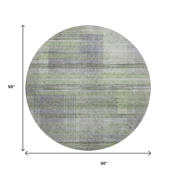 HomeRoots 8' Stylish Artichoke Green and Gray Striped Washable Round Rug – UV Protected & Pet Friendly! 666419