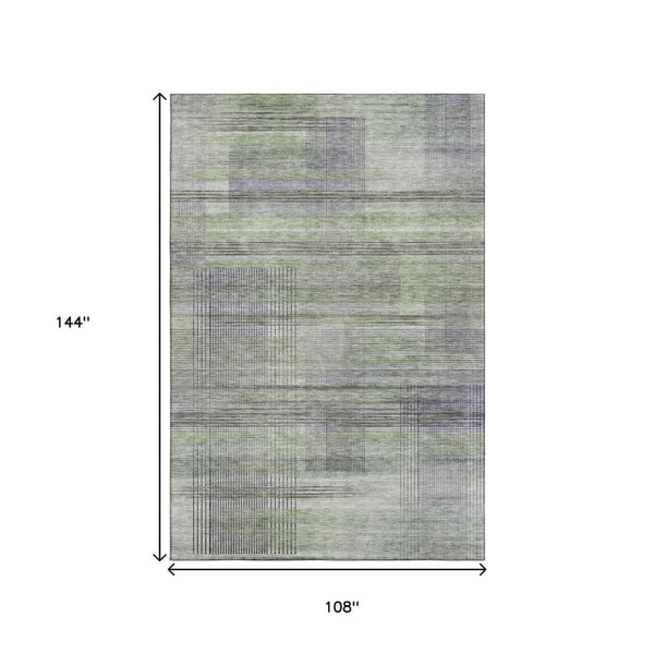 HomeRoots 9' X 12' Artichoke Green and Gray Striped Area Rug – Washable, Stain-Resistant, UV Protected Beauty! 666421