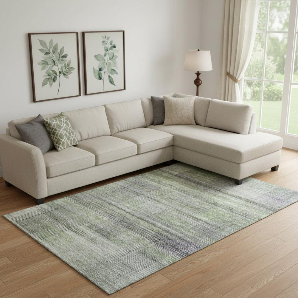 HomeRoots 9' X 12' Artichoke Green and Gray Striped Area Rug – Washable, Stain-Resistant, UV Protected Beauty! 666421