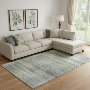 HomeRoots 9' X 12' Artichoke Green and Gray Striped Area Rug – Washable, Stain-Resistant, UV Protected Beauty! 666421