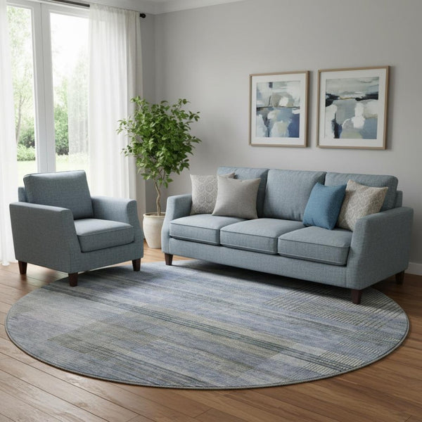 HomeRoots 8' Blue and Gray Striped Washable Round Rug - Durable, UV-Protected, Perfect for High-Traffic Areas! 666425
