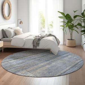 HomeRoots 8' Blue and Gray Striped Washable Round Rug - Durable, UV-Protected, Perfect for High-Traffic Areas! 666425