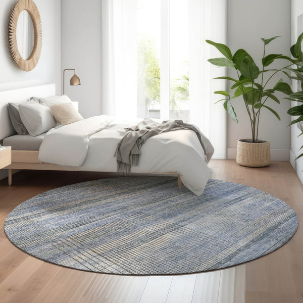 HomeRoots 8' Blue and Gray Striped Washable Round Rug - Durable, UV-Protected, Perfect for High-Traffic Areas! 666425