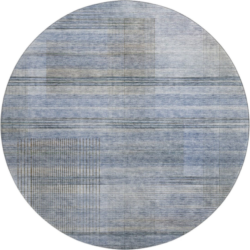 HomeRoots 8' Blue and Gray Striped Washable Round Rug - Durable, UV-Protected, Perfect for High-Traffic Areas! 666425